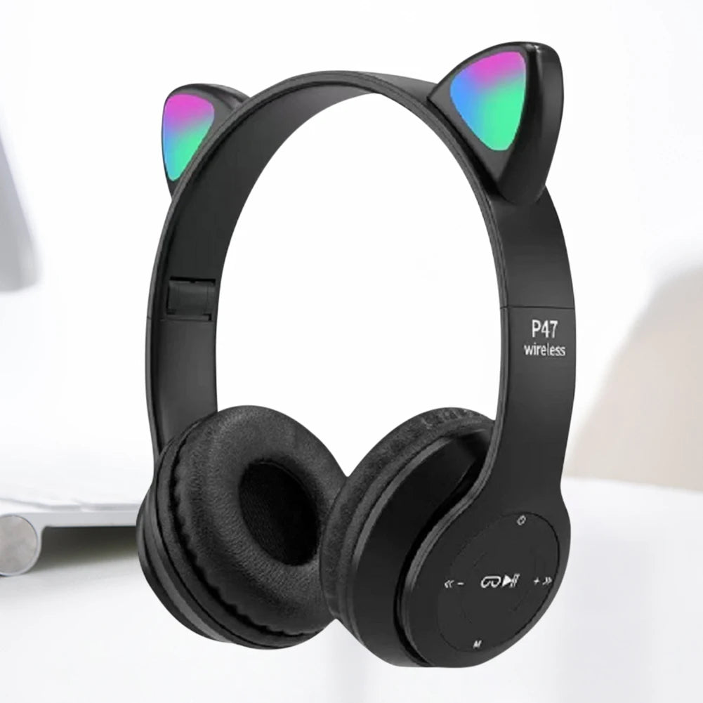 Cat Ear Gaming Headset Wireless Headphones Stereo Bass Bluetooth-Compatible Helmets Cute Over-Ear Headsets for Kids and Adult