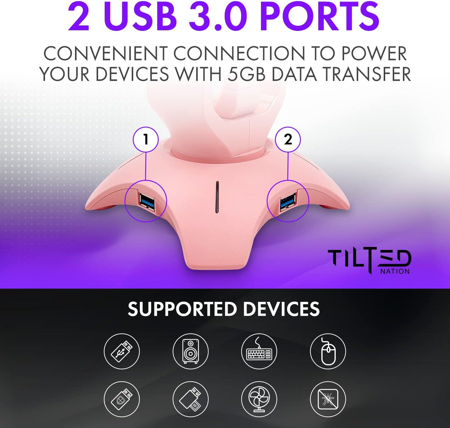 Cute Headphone Stand Pink | Headset Stand with RGB, Mouse Bungee Holder, and 2 Port USB Hub Charger - Desk Gaming Accessories