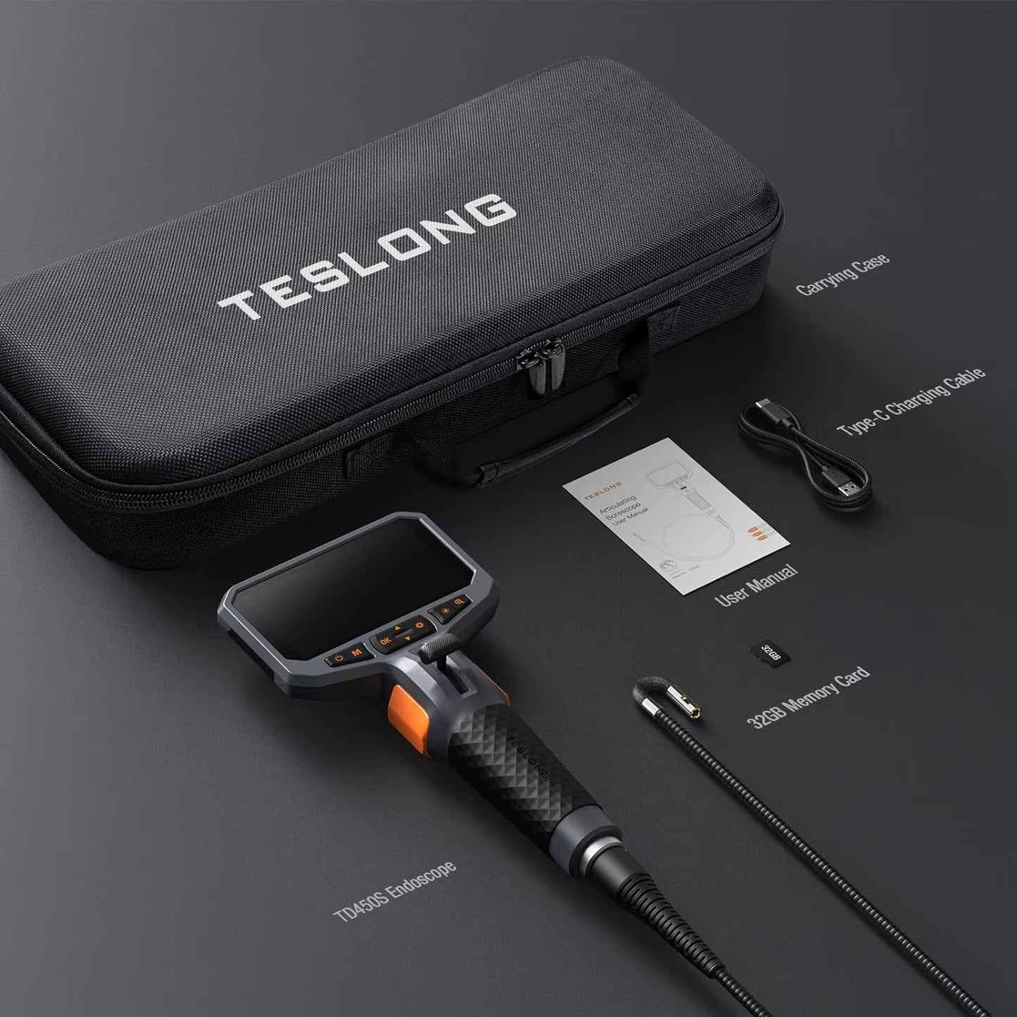 TD450S 8.5MM Dual Lens Articulating Borescope 1080P 5 Inch IPS Two Way 360° Steering Endoscope Camera 1.55M Snake Tube