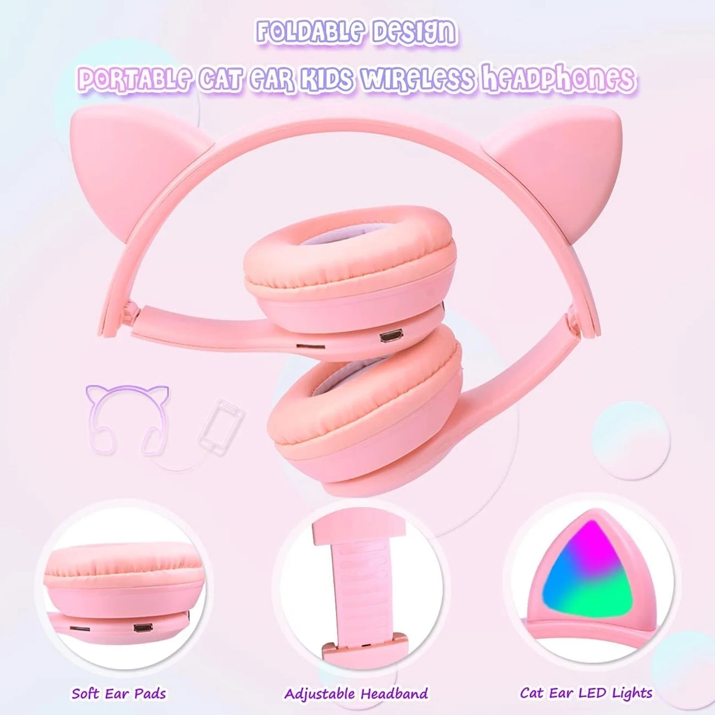 Kids Headphones, Cat Ear Wireless Headphones, LED Light up Bluetooth over on Ear Purple Headphones for Toddler Boy Girl Teen Children with Microphone,Pink
