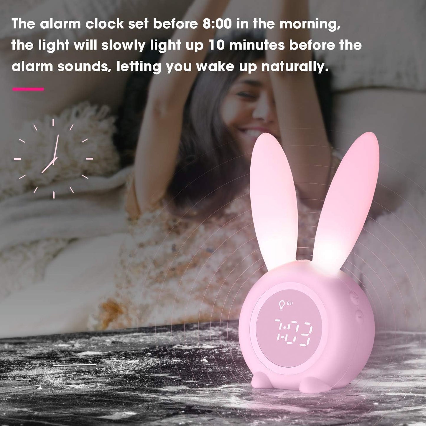 Kids Alarm Clock,Night Light for Kids, 5 Ringtones,Touch Control and Digital Thermometer,Sleep Timer with 2000Mah Rechargeable Clocks for Kids Room