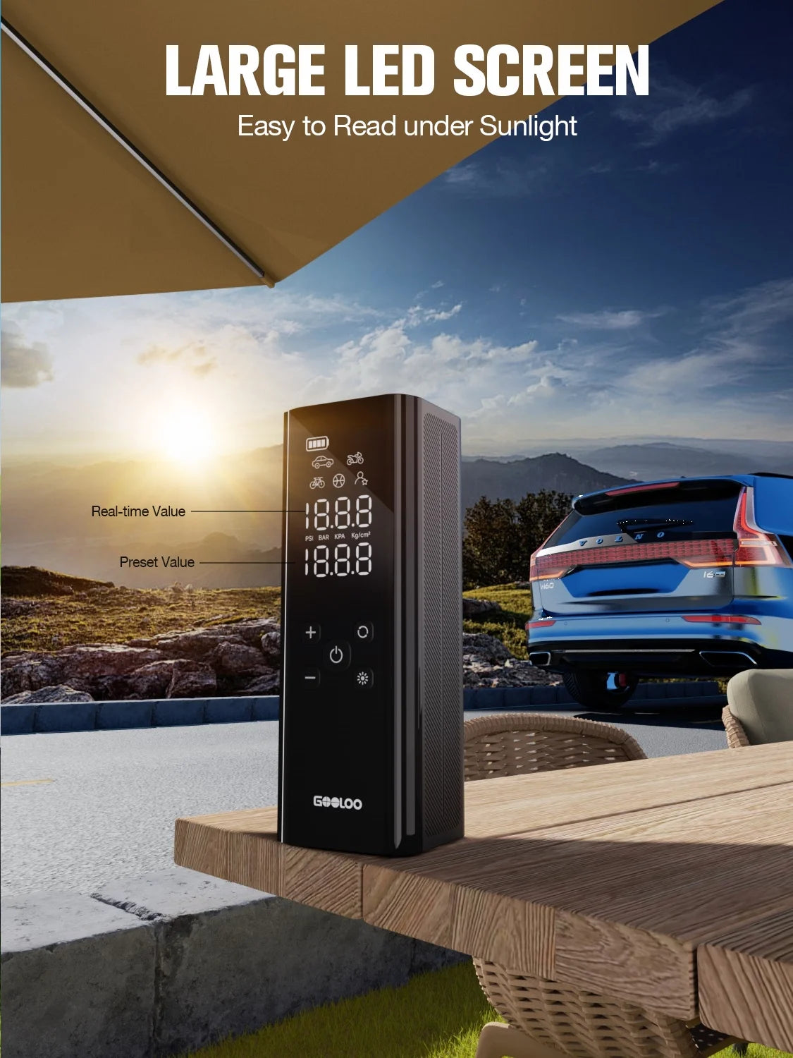 GT150 Portable Tire Inflator Car Air Compressor 150 PSI Air Pump with Pressure Gauge, 7500Mah Battery Tire Inflator W/ LED Light