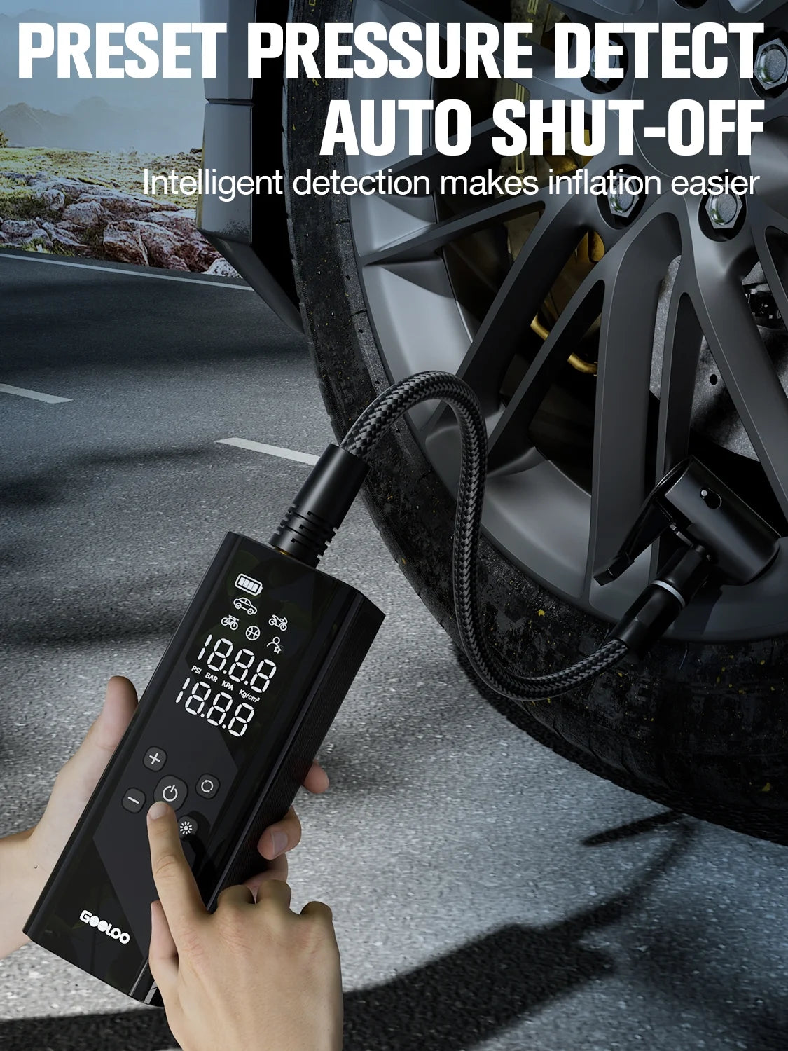 GT150 Portable Tire Inflator Car Air Compressor 150 PSI Air Pump with Pressure Gauge, 7500Mah Battery Tire Inflator W/ LED Light