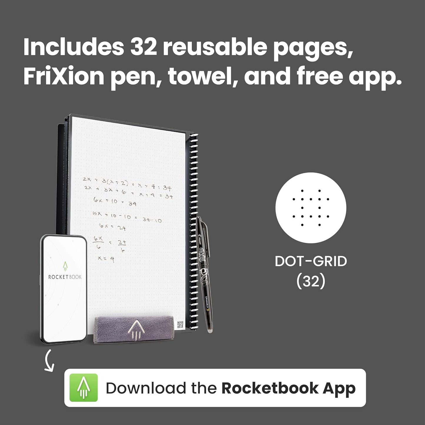 Rocketbook Core Reusable Spiral tebook, Letter Size 8.5X11, Teal - Dotted Pages, App-Connected, Erasable, Durable Cover, Ideal for School, Work, and Creative Projects