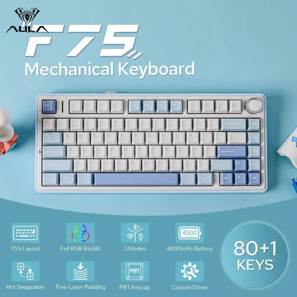 Gaming Mechanical Keyboard AULA F75 2.4G Wireless/Bluetooth/Wired RGB Customized 75% Layout Gasket Structure Gaming Accessories