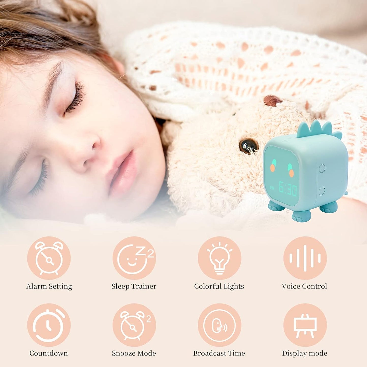Kids Alarm Clock Children Bedroom Sleep Trainer with Snooze Wake up Light&Night Light Cute Digital Dinosaur Clock with USB for Boys Girls Gifts