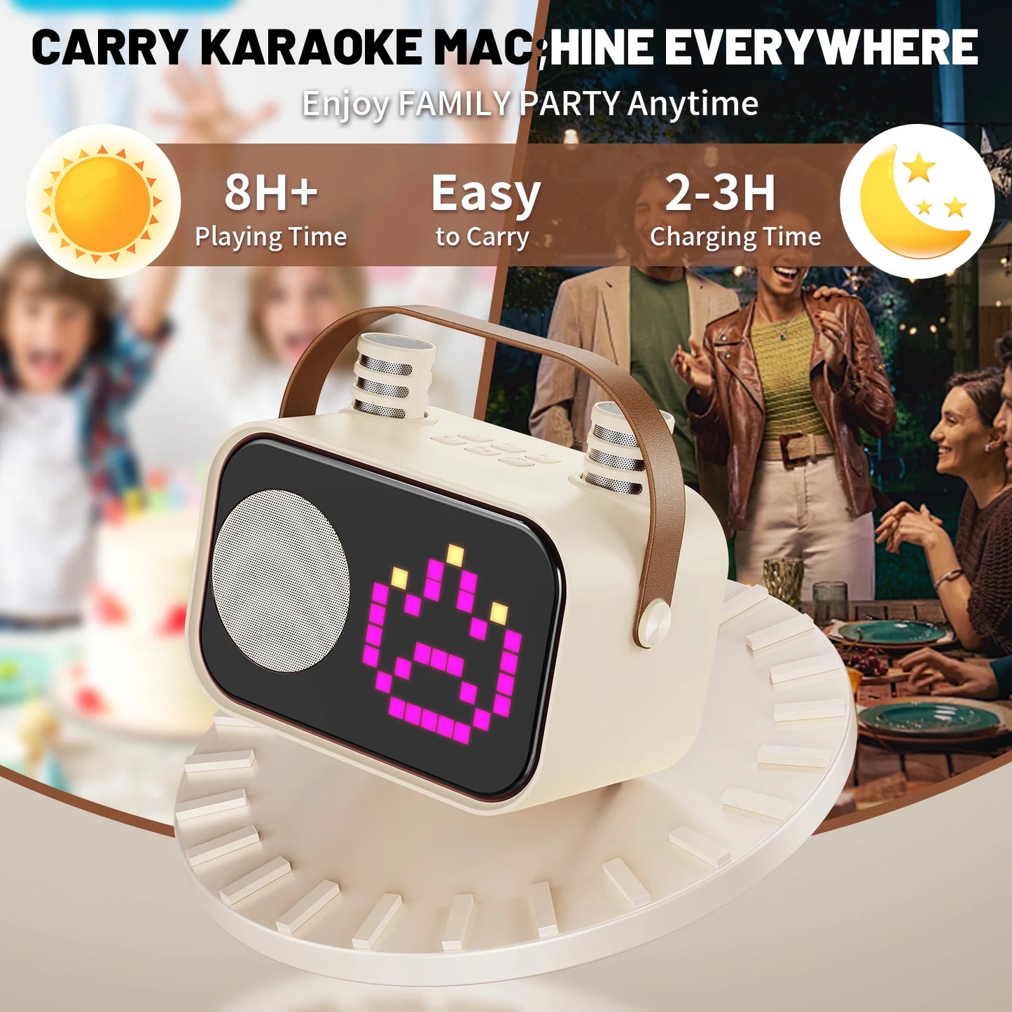 Karaoke Machine, Mini Karaoke Machine for Adult, 15 Animation Display Modes, 4 Funny Magic Voice, Beige