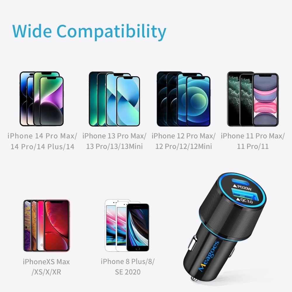 Fast USB C Car Charger, 20W PD Rapid Charging Adapter Compatible for Apple Iphone 14 Pro Max/14 Pro/14 Plus/14/13/12/Mini/11/Xs/Xr/X/8 Plus/Se 3-3.3Ft Mfi Certified Type C to Lightning Cable