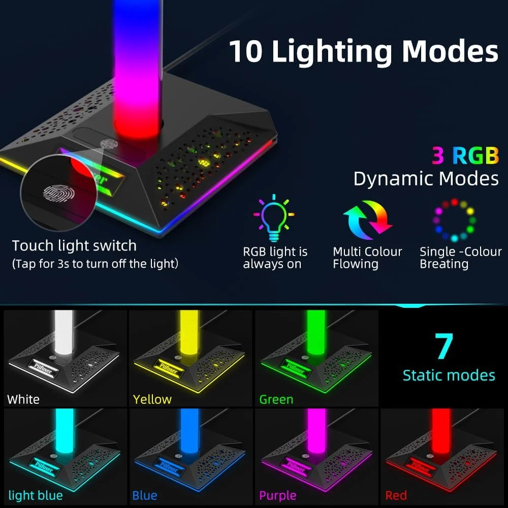 RGB Gaming Headphones Stand, 1 Pack Controller Stand USB Ports Headset Stand with 10 Light Modes and Non-Slip Rubber, Suitable for All Earphone Accessories, Gift for Husband, Kids, Boyfriend
