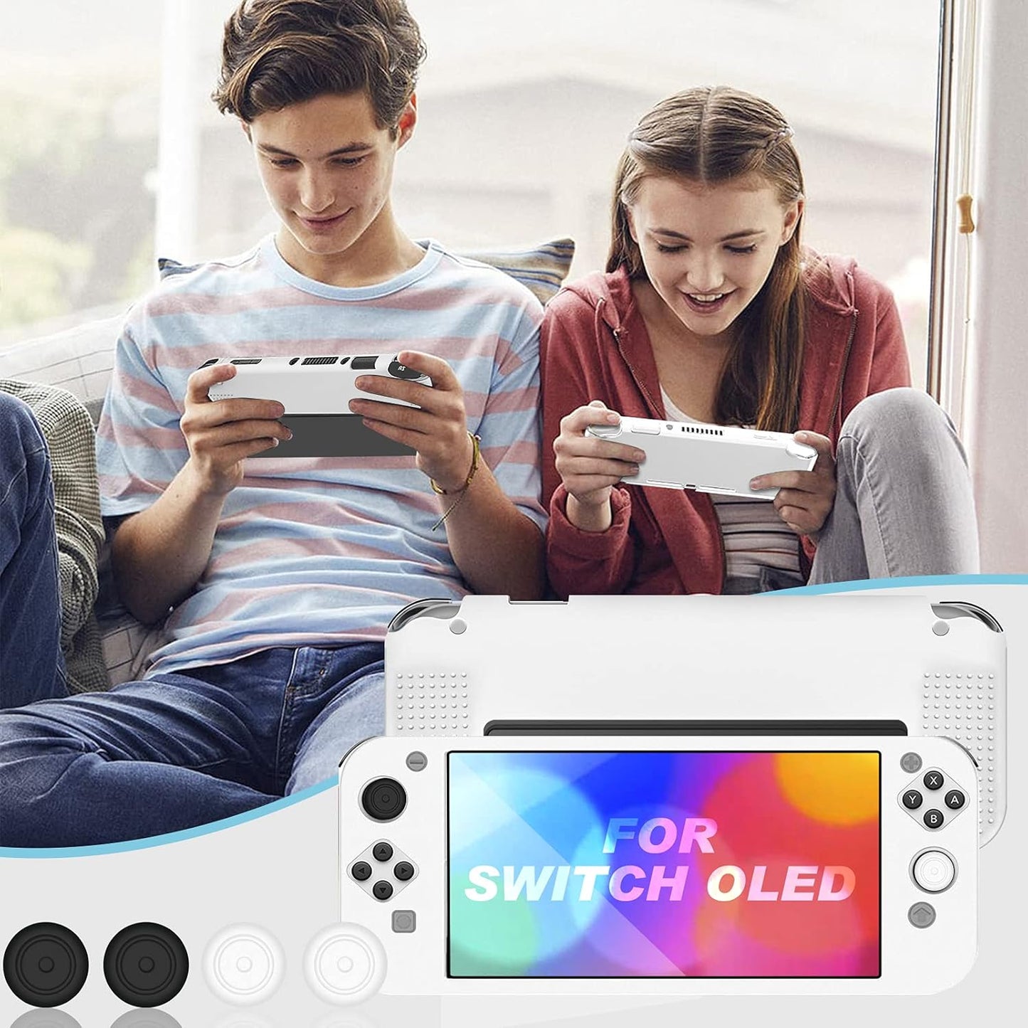 Case for Switch OLED 2021, Ultra-Slim Protective Case for Switch OLED with 4 Silicone Thumb Grip Caps, Soft Shockproof Anti-Scratch Protector Shell Full Protection Silicone Case for Switch OLED -White