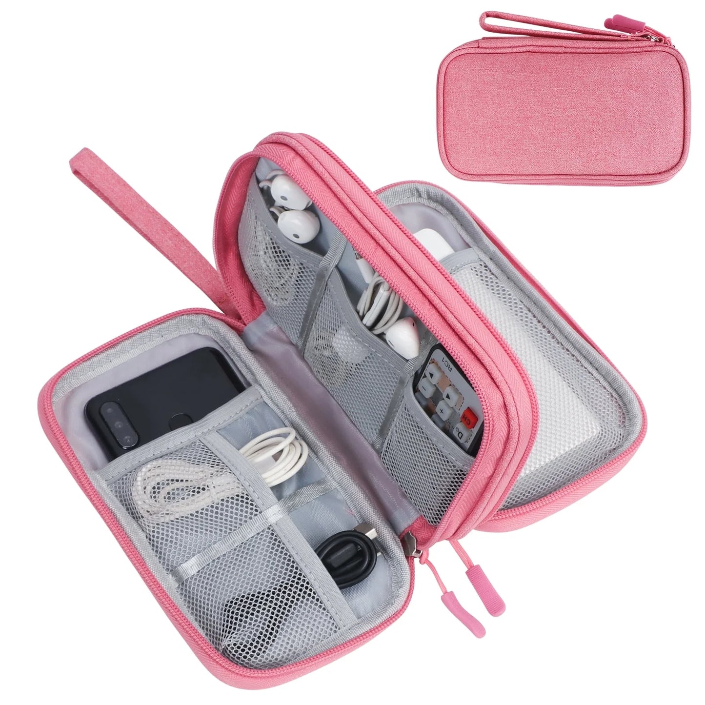 Cable Organizer Pouch, Electronic Organizer Travel Case Portable Waterproof Double Layers All-In-One Storage Bag for Cord, Charger, Phone, Earphone-Pink