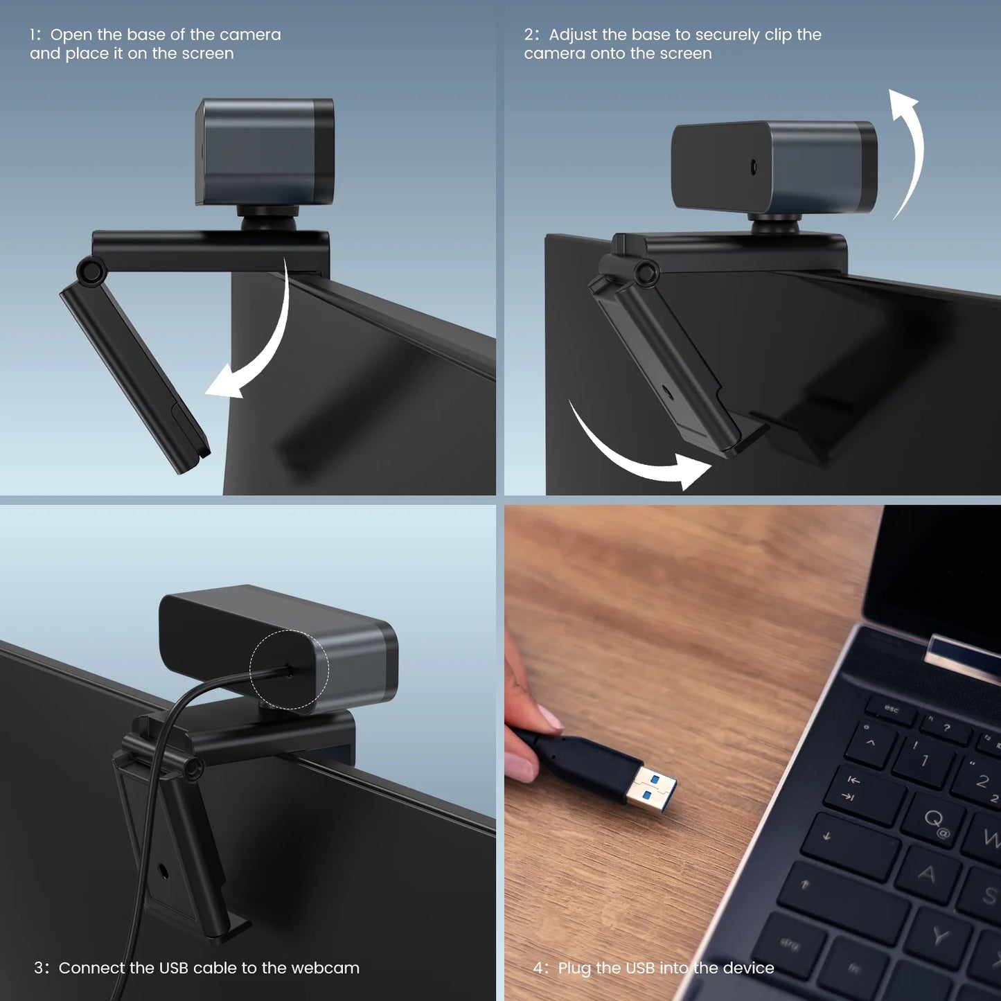 2K Webcam with Tripod Stand, Black, New