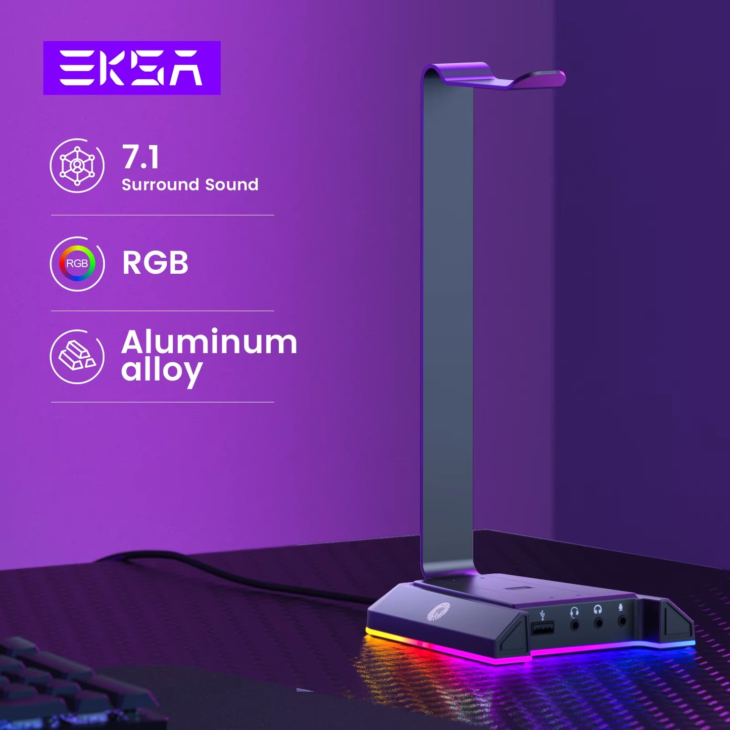 W1 Gaming Headset Stand with 7.1 Surround/2 USB and 3.5Mm Ports RGB Headphones Holder for Gamer Gaming PC Accessories Desk