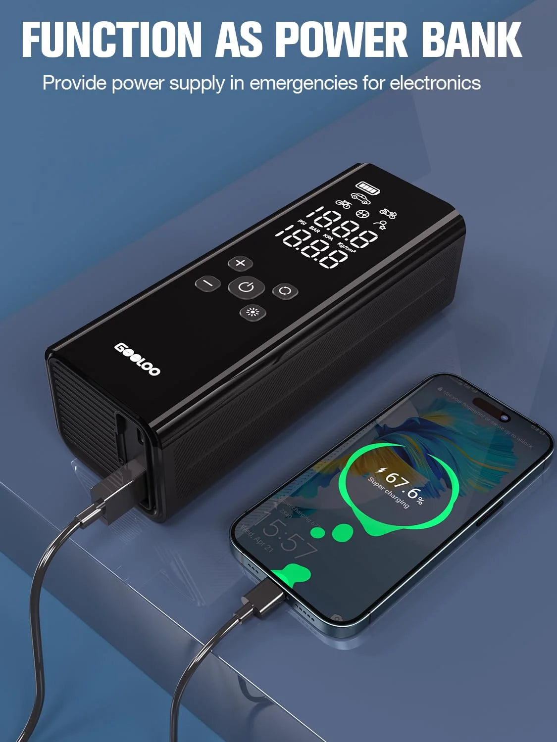 GT150 Portable Tire Inflator Car Air Compressor 150 PSI Air Pump with Pressure Gauge, 7500Mah Battery Tire Inflator W/ LED Light