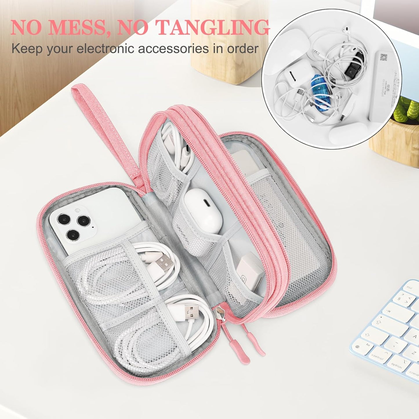 Electronic Organizer, Travel Bag, Pouch, Carry Case Portable Waterproof Double Layers for Cable, Cord, Charger, Phone, Earphone Pink