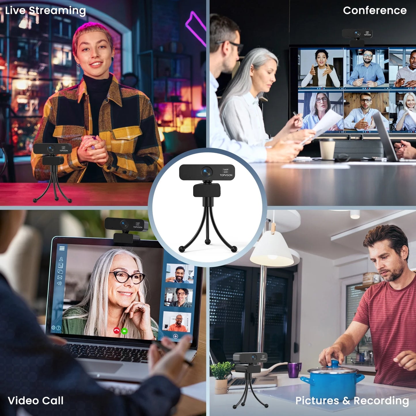 2K Webcam with Tripod Stand, Black, New