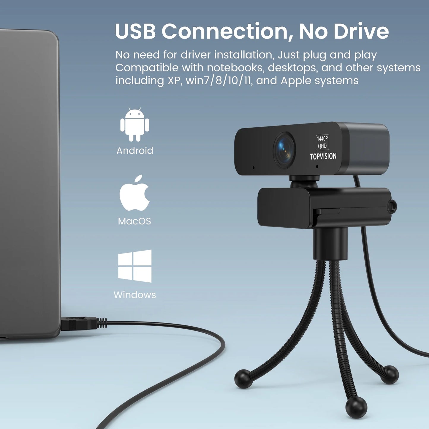 2K Webcam with Tripod Stand, Black, New