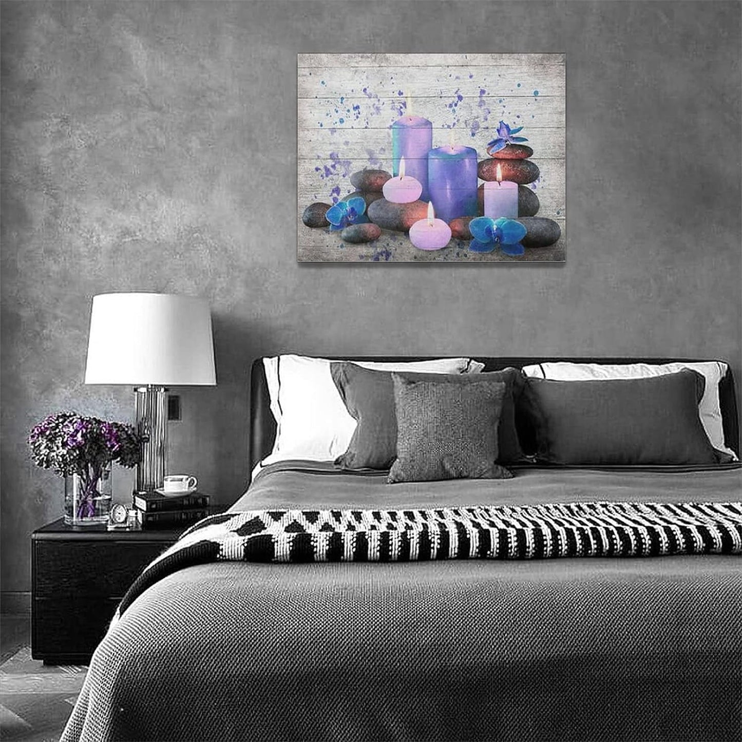 Farmhouse Bathroom Wall Decor Zen Stone Bathroom Pictures for Wall Rustic Purple Bathroom Canvas Wall Art Spiritual Meditation Painting Country Prints Modern Framed Home Spa Decoration 16"X12"