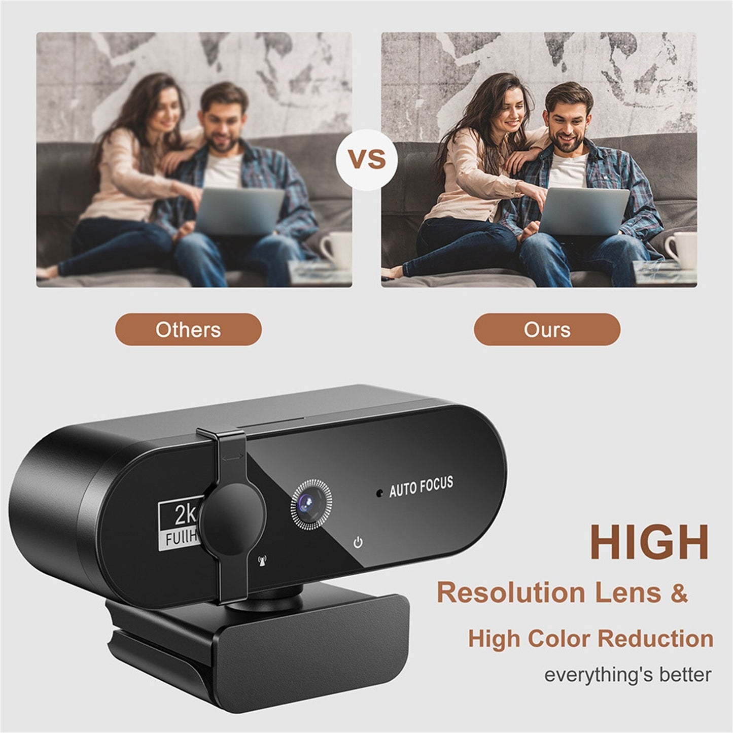 2K HD Web Camera with Microphone Ring Light Autofocus Pro Computer Gaming Webcam
