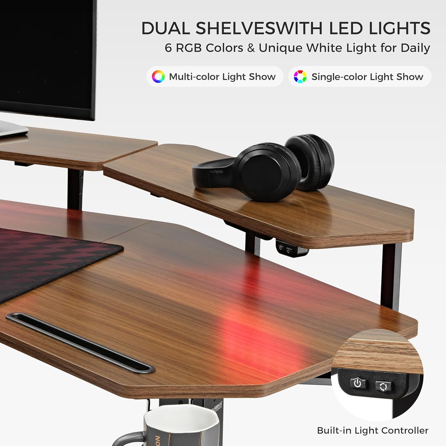 Standing Desk Adjustable Height, Computer Desk W Keyboard Tray 72" Gaming Music Studio Desk LED Monitor Stand,Dual Motor,Slot Design,Walnut
