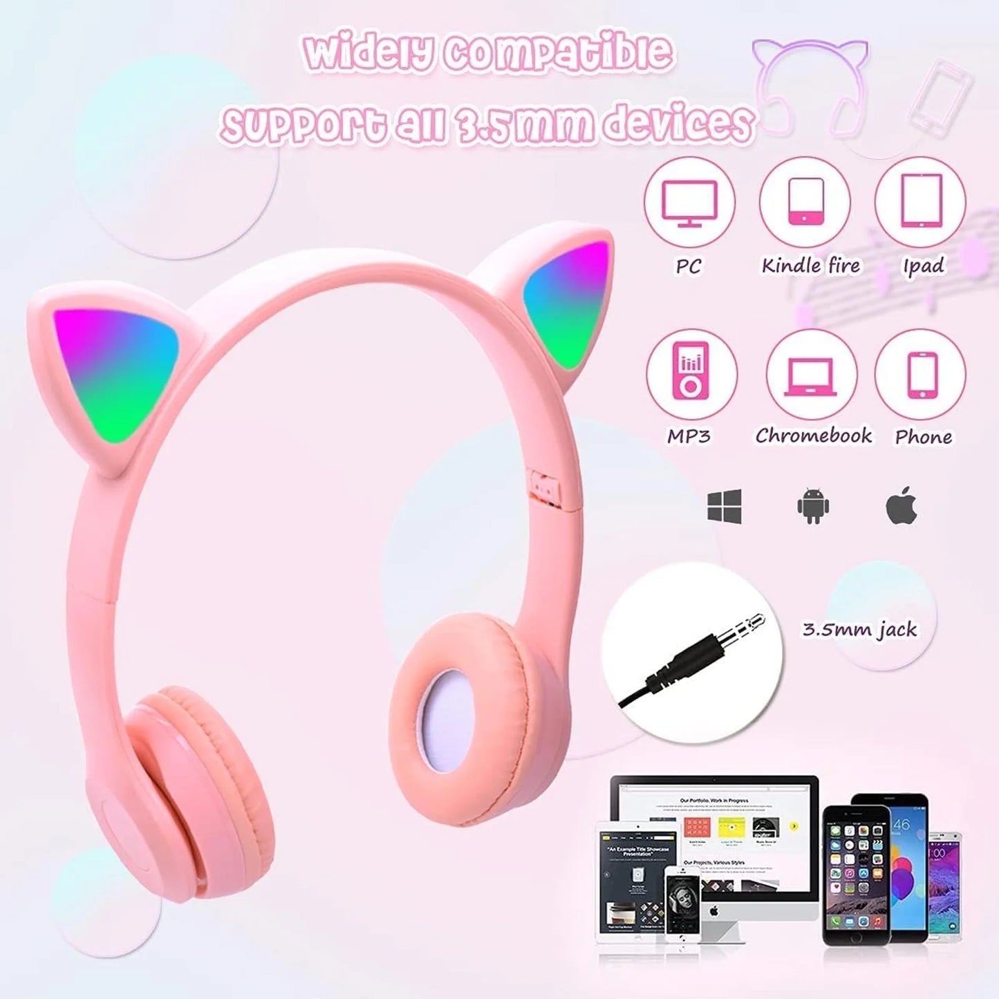 Kids Headphones, Cat Ear Wireless Headphones, LED Light up Bluetooth over on Ear Purple Headphones for Toddler Boy Girl Teen Children with Microphone,Pink