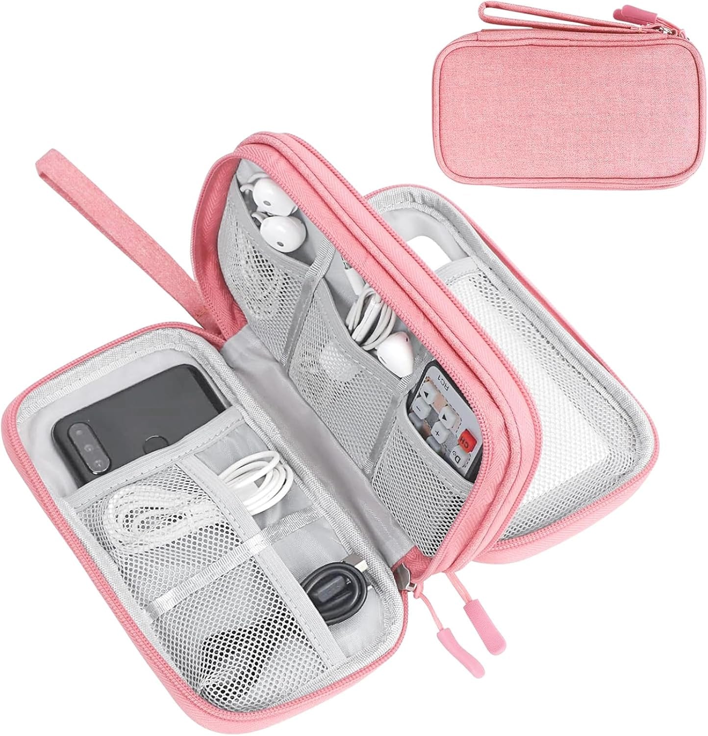 Electronic Organizer, Travel Bag, Pouch, Carry Case Portable Waterproof Double Layers for Cable, Cord, Charger, Phone, Earphone Pink