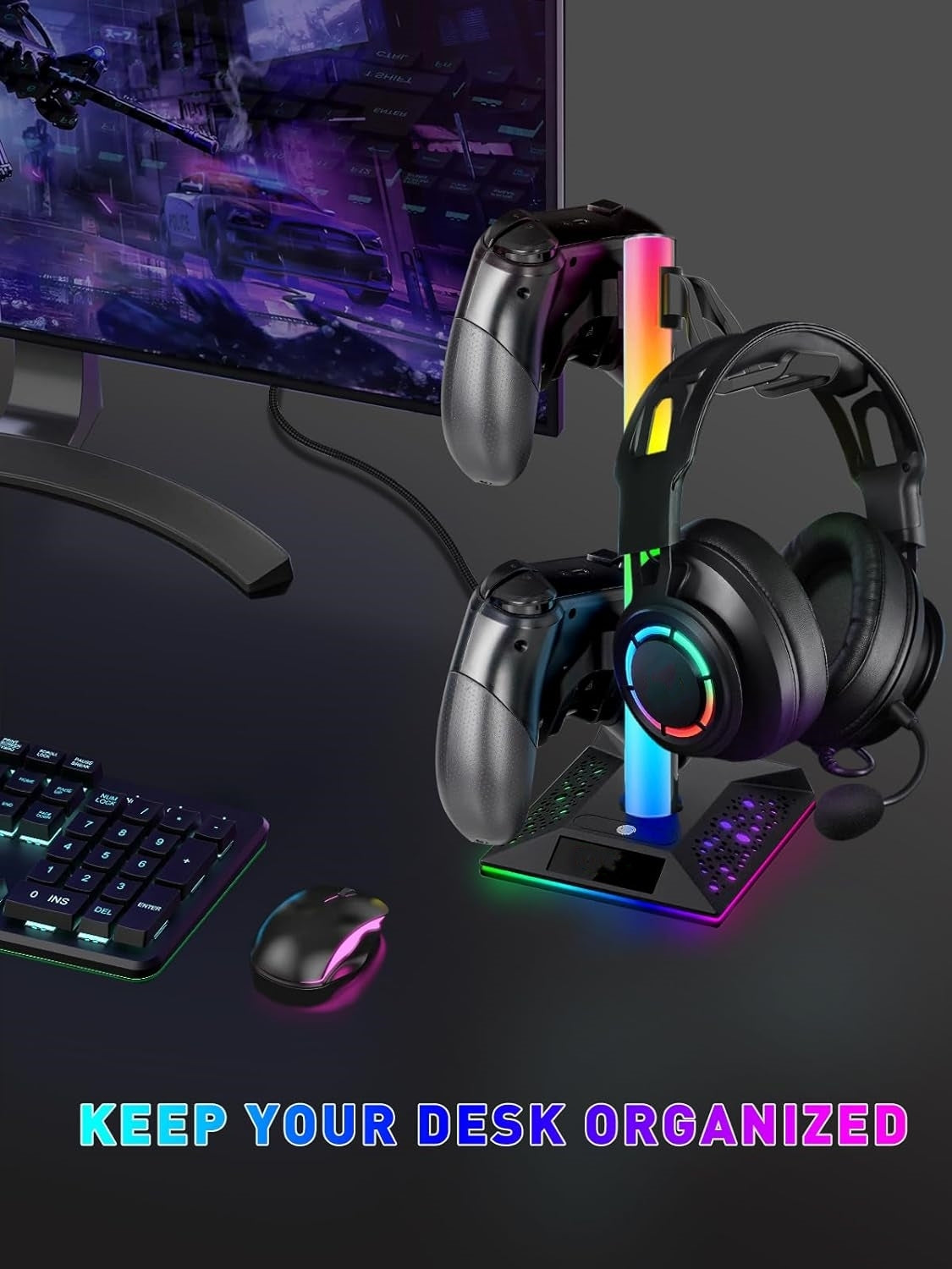 RGB Gaming Headphones Stand, 1 Pack Controller Stand USB Ports Headset Stand with 10 Light Modes and Non-Slip Rubber, Suitable for All Earphone Accessories, Gift for Husband, Kids, Boyfriend
