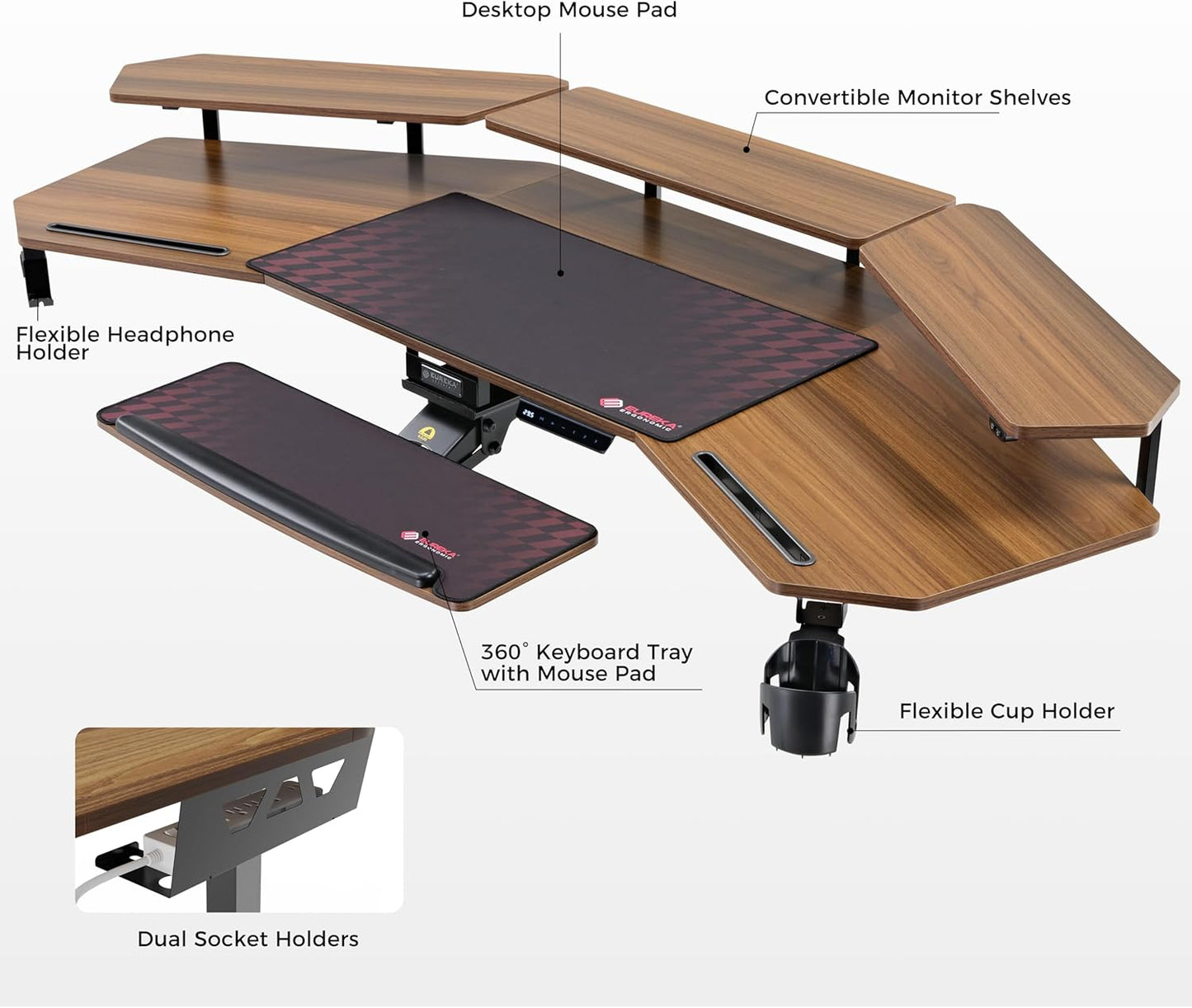 Standing Desk Adjustable Height, Computer Desk W Keyboard Tray 72" Gaming Music Studio Desk LED Monitor Stand,Dual Motor,Slot Design,Walnut