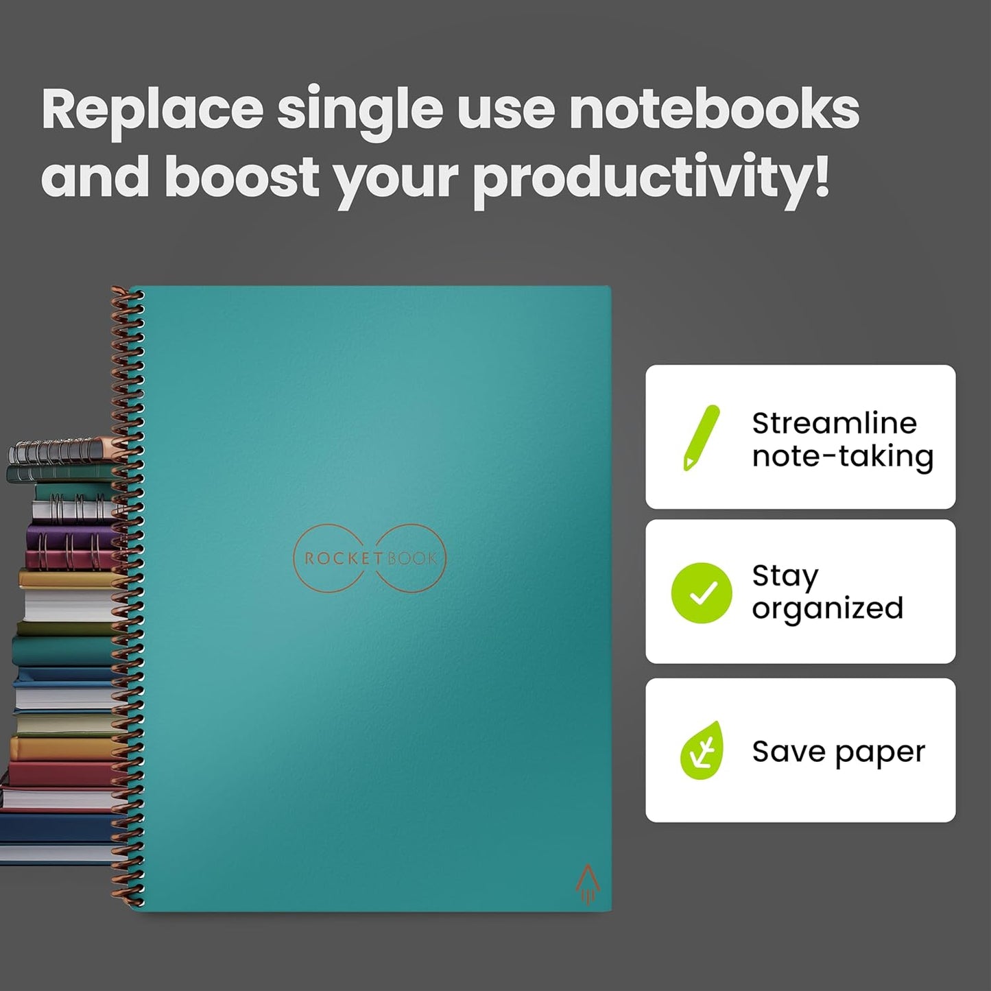 Rocketbook Core Reusable Spiral tebook, Letter Size 8.5X11, Teal - Dotted Pages, App-Connected, Erasable, Durable Cover, Ideal for School, Work, and Creative Projects