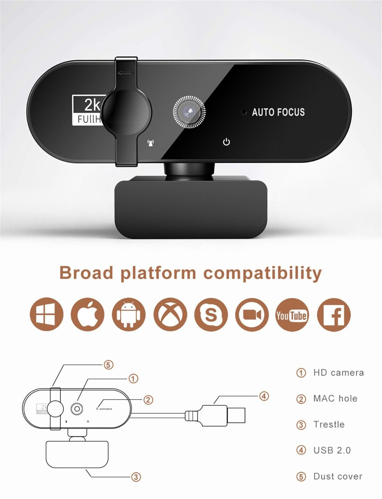 2K HD Web Camera with Microphone Ring Light Autofocus Pro Computer Gaming Webcam