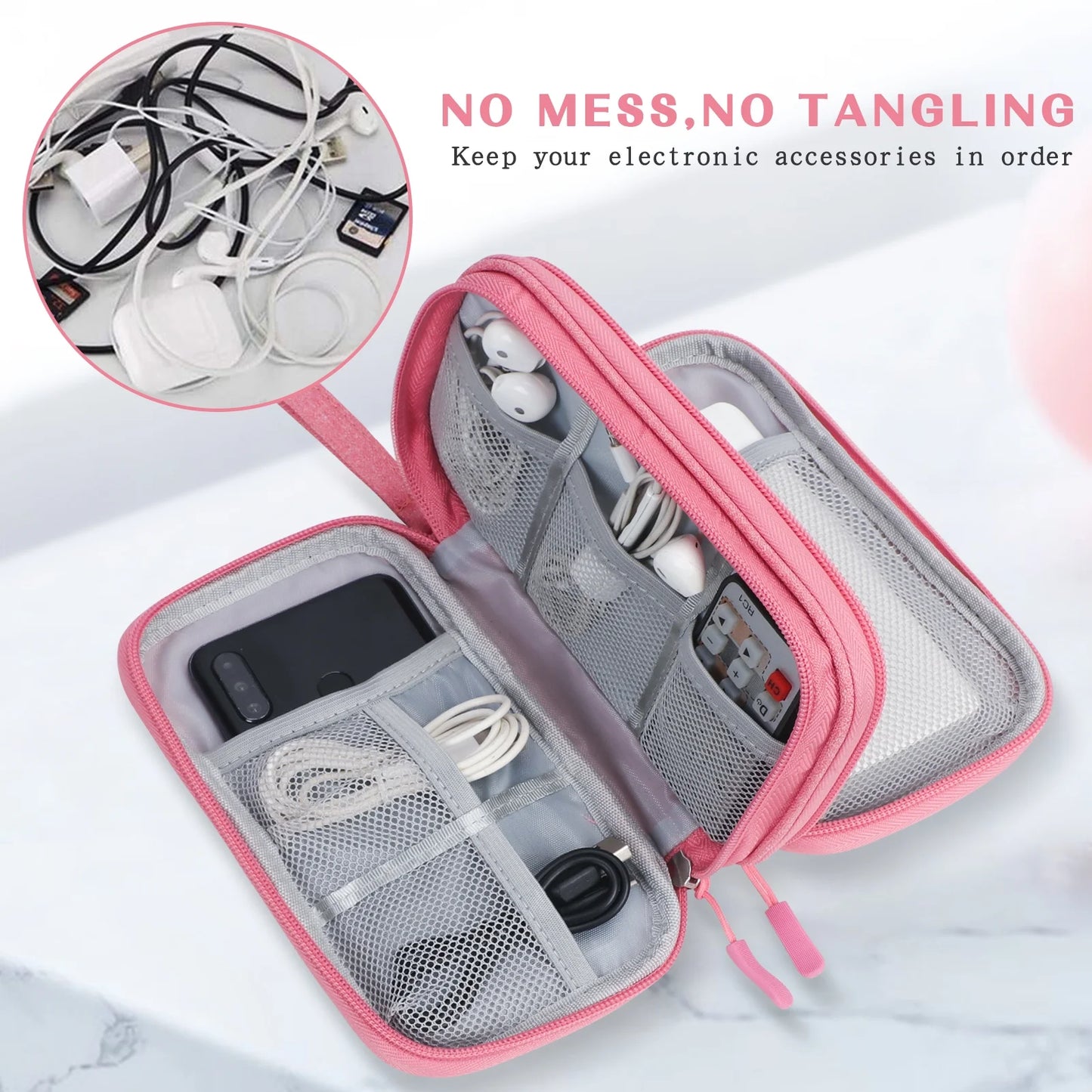 Cable Organizer Pouch, Electronic Organizer Travel Case Portable Waterproof Double Layers All-In-One Storage Bag for Cord, Charger, Phone, Earphone-Pink