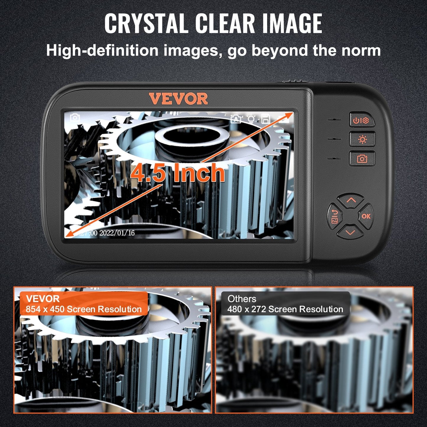 VEVOR Borescope Camera, Triple Lens Endoscope Camera with Light, 4.5 Screen 1080P Inspection Camera with 10 LED Light, IP67 Waterproof Drain Snake Camera for Auto, Plumbing (16.5FT Cable, 32GB Card)