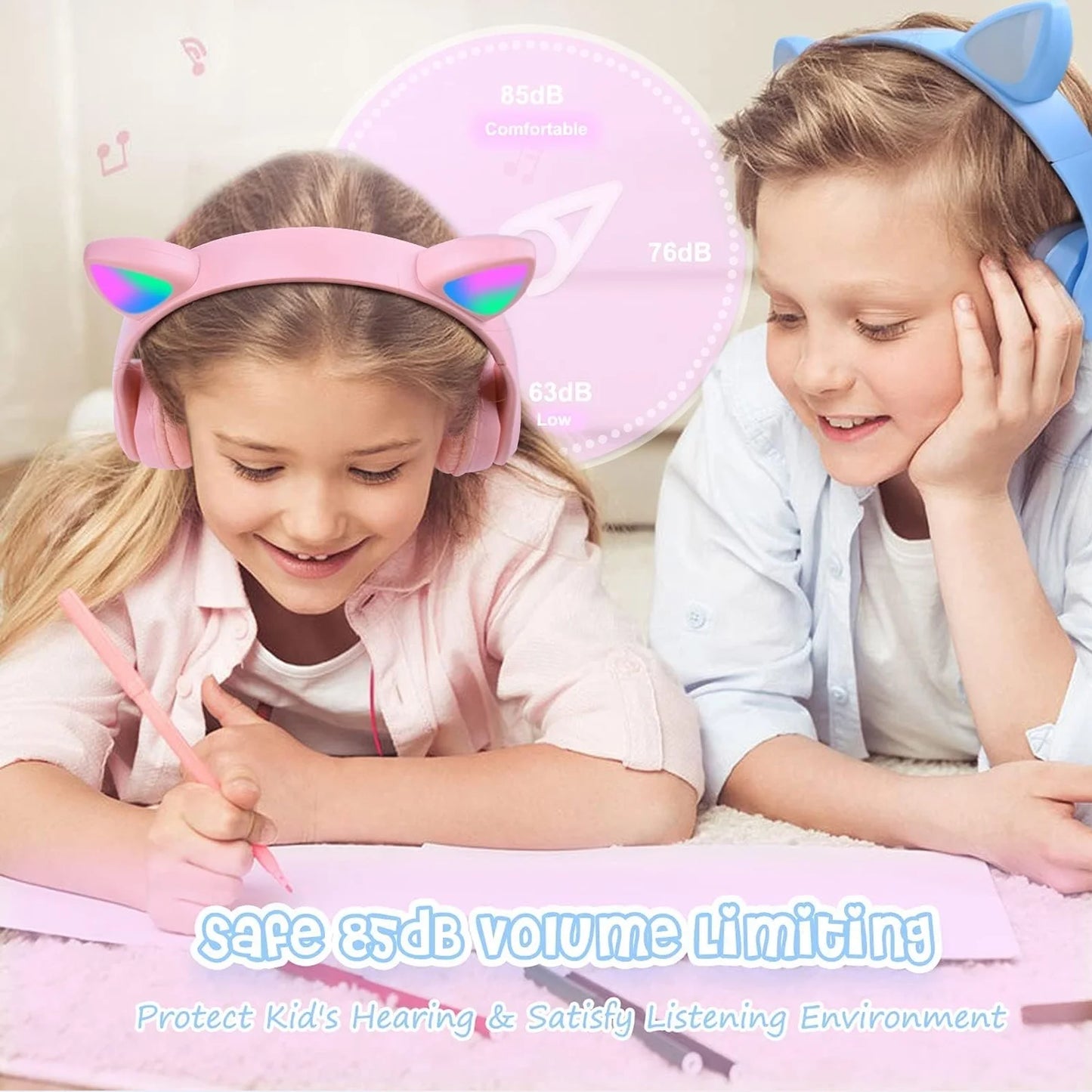 Kids Headphones, Cat Ear Wireless Headphones, LED Light up Bluetooth over on Ear Purple Headphones for Toddler Boy Girl Teen Children with Microphone,Pink