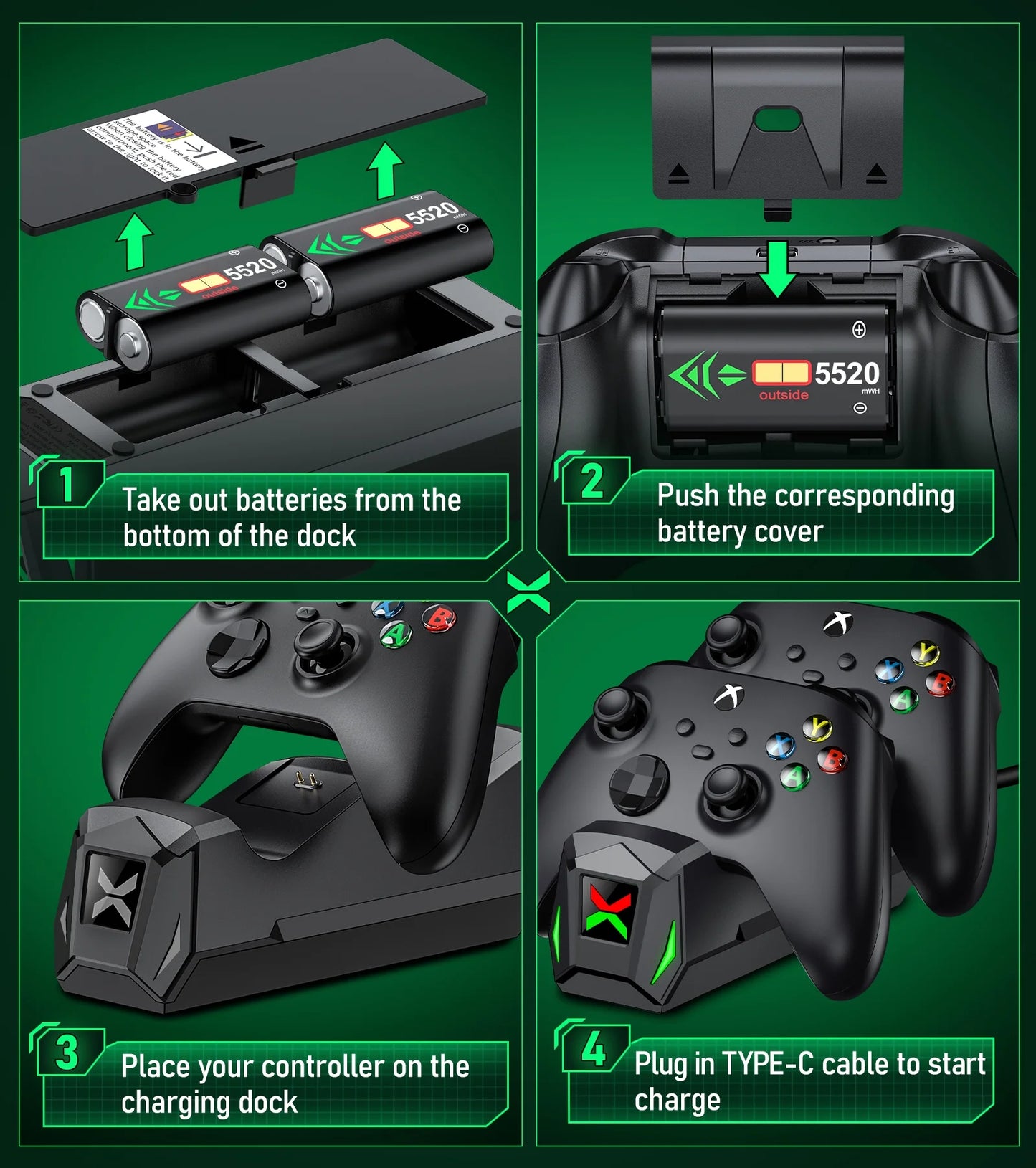 for Xbox Controller Charger Station with 2*5220Mwh Rechargeable Battery Pack for Xbox Series X/ Series S/Xbox One(All Models), Black