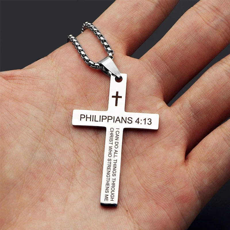 Christian Bible Verse Cross Pendant Necklace Stainless Steel Religious Scripture Prayer Jewelry Gifts