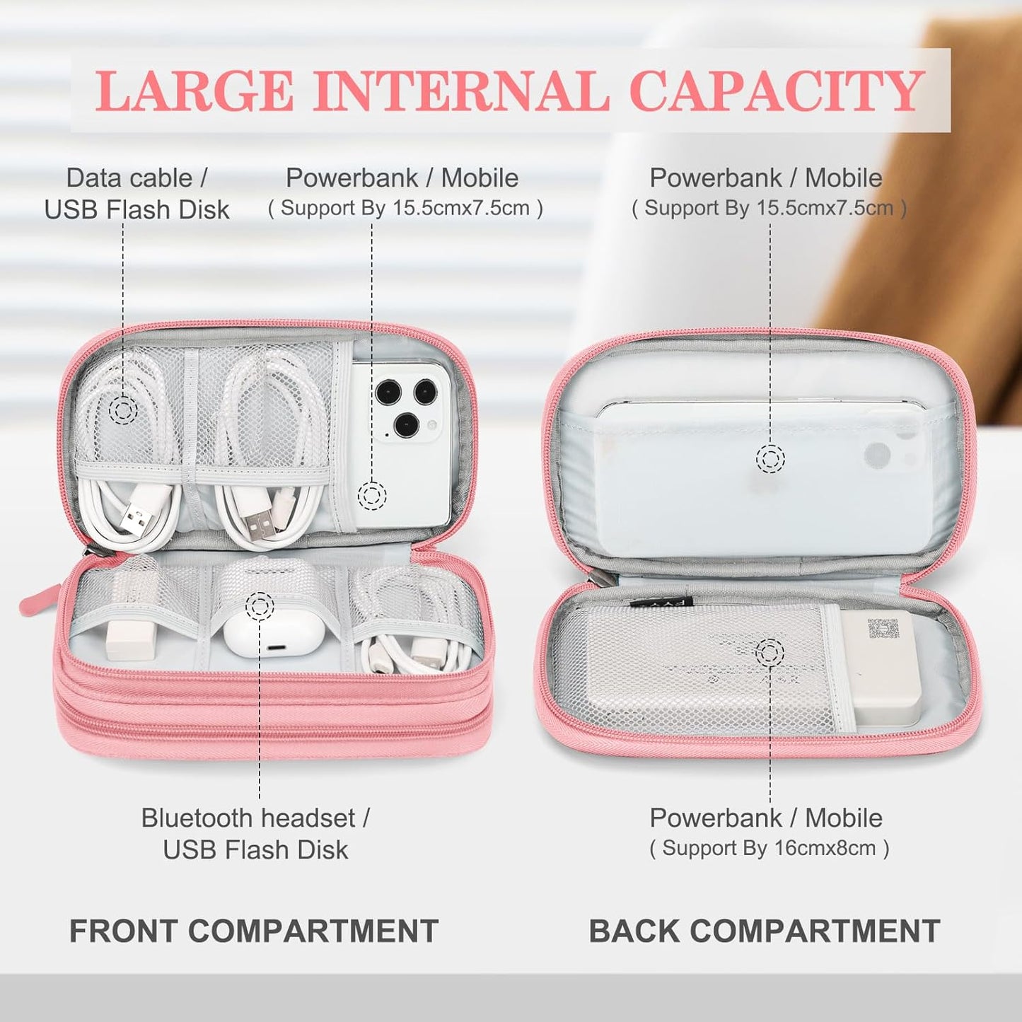 Electronic Organizer, Travel Bag, Pouch, Carry Case Portable Waterproof Double Layers for Cable, Cord, Charger, Phone, Earphone Pink