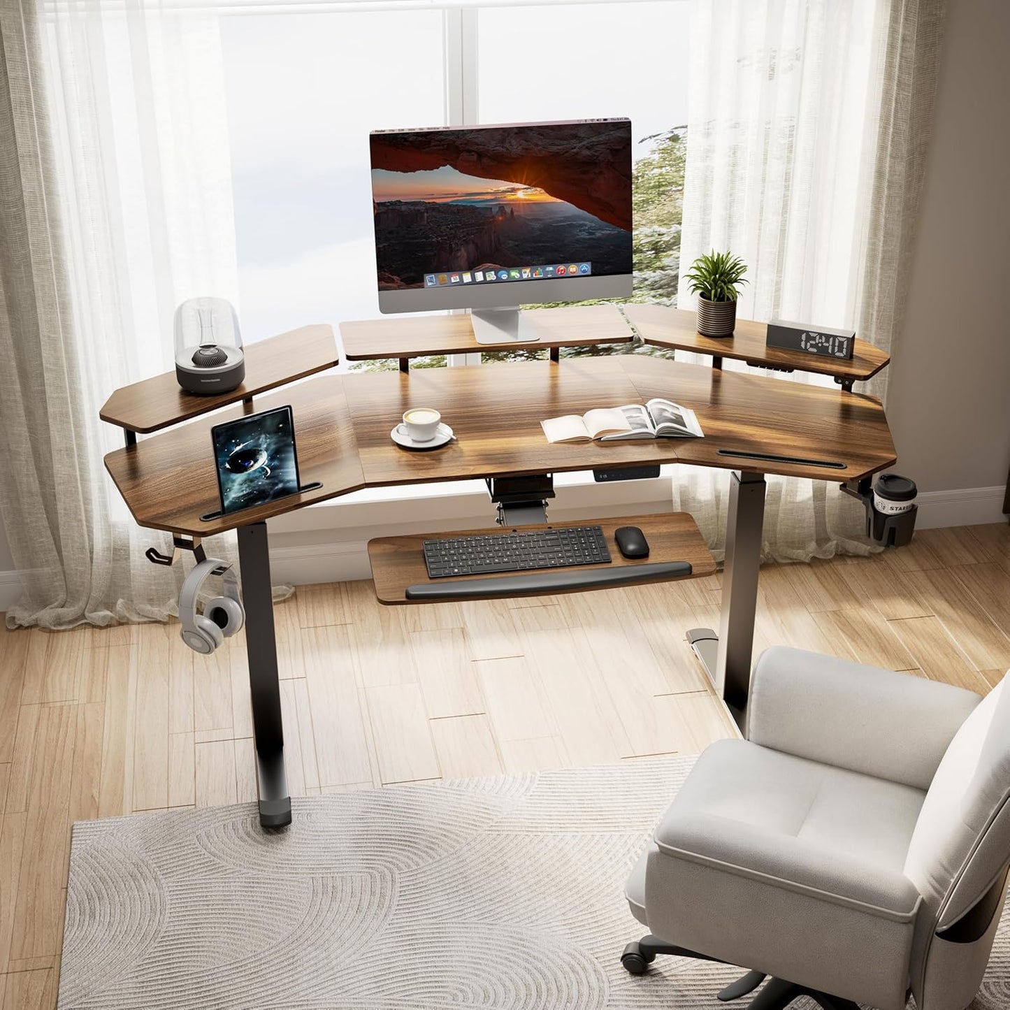Standing Desk Adjustable Height, Computer Desk W Keyboard Tray 72" Gaming Music Studio Desk LED Monitor Stand,Dual Motor,Slot Design,Walnut