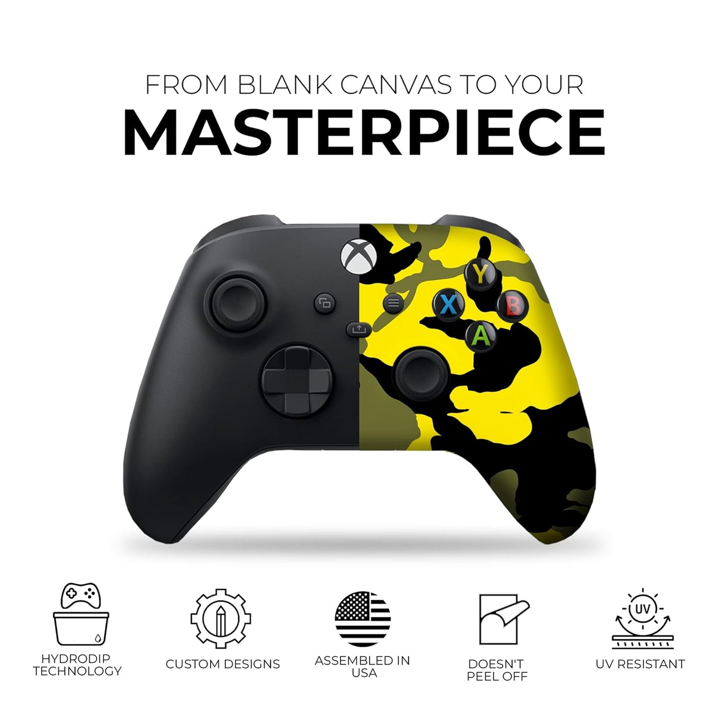 Yellow Camo Custom X-Box Controller Wireless Compatible with X-Box One/Series X/S Proudly Customized in USA with Permanent HYDRO-DIP Printing (NOT JUST a SKIN)