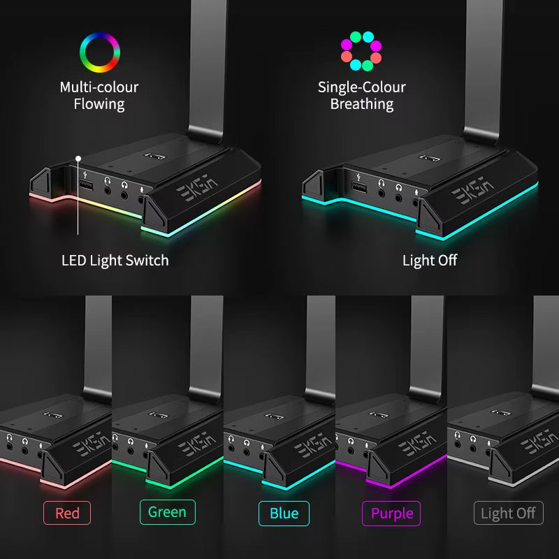 W1 Gaming Headset Stand with 7.1 Surround/2 USB and 3.5Mm Ports RGB Headphones Holder for Gamer Gaming PC Accessories Desk
