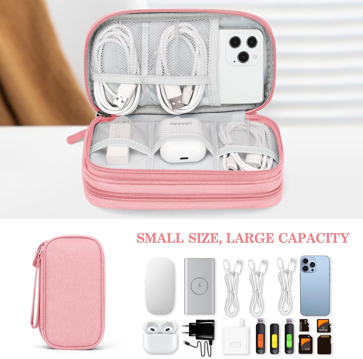 Electronic Organizer, Travel Bag, Pouch, Carry Case Portable Waterproof Double Layers for Cable, Cord, Charger, Phone, Earphone Pink