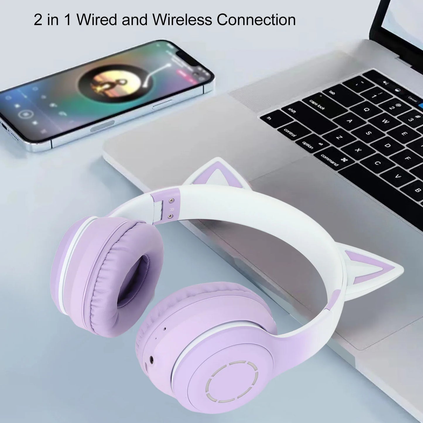 Bluetooth Headphones ABS Cat Ear Bluetooth Headphones Stable Connection Detachable Microphone with 3.5Mm Cable for Game Playing