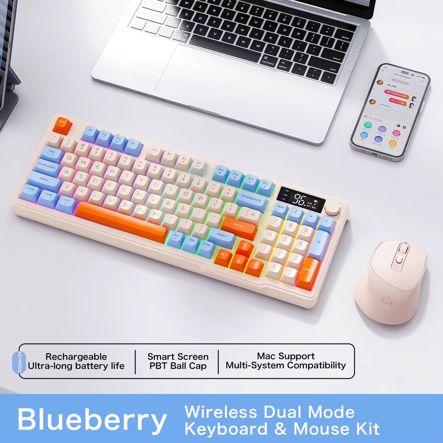 M96 Wireless Keyboard with Screen,Gaming Keyboard Bluetooth Dual-Mode Connection,Multi-Device Linking,Ergonomic