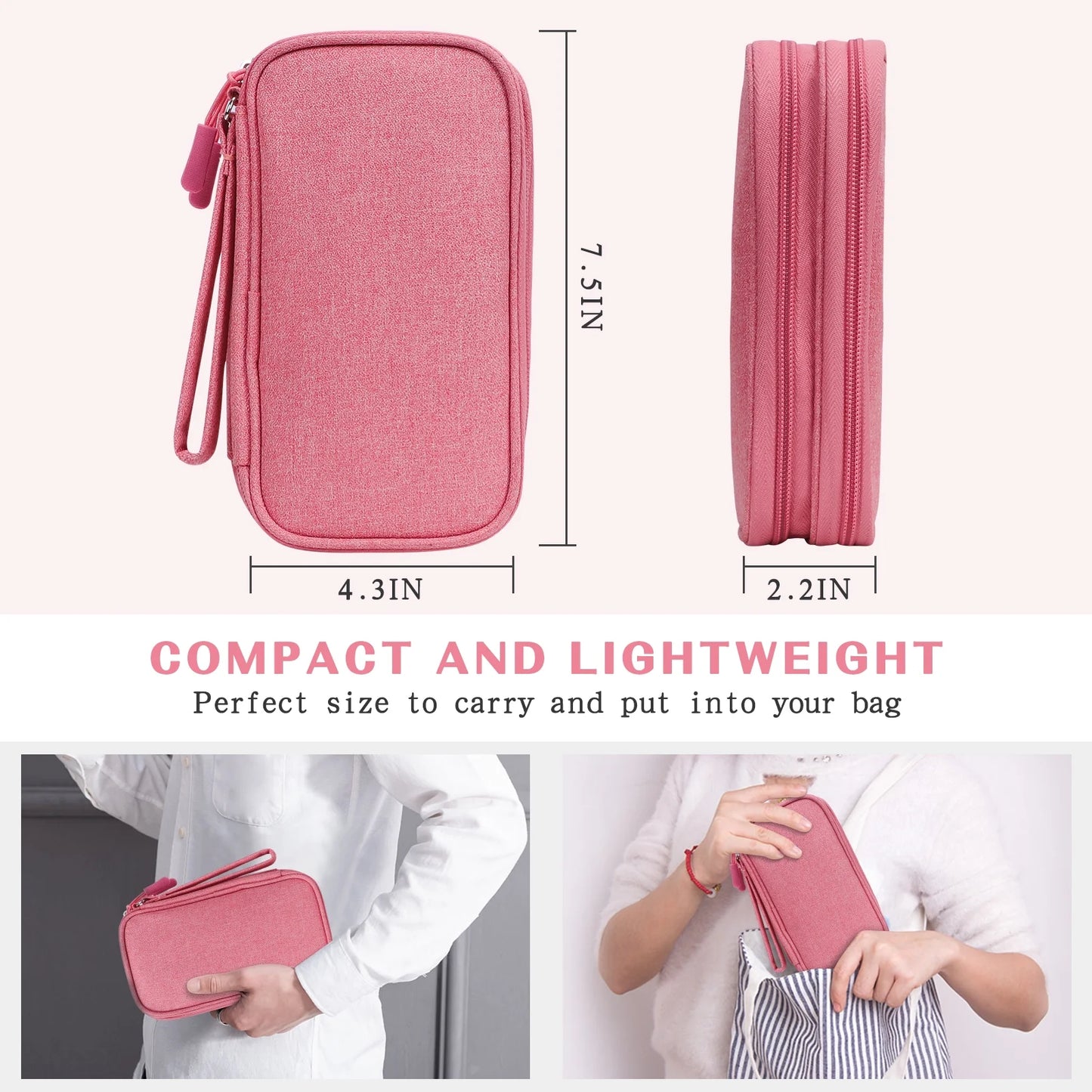 Cable Organizer Pouch, Electronic Organizer Travel Case Portable Waterproof Double Layers All-In-One Storage Bag for Cord, Charger, Phone, Earphone-Pink
