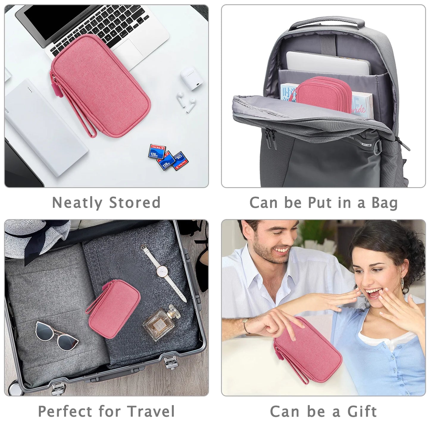 Cable Organizer Pouch, Electronic Organizer Travel Case Portable Waterproof Double Layers All-In-One Storage Bag for Cord, Charger, Phone, Earphone-Pink