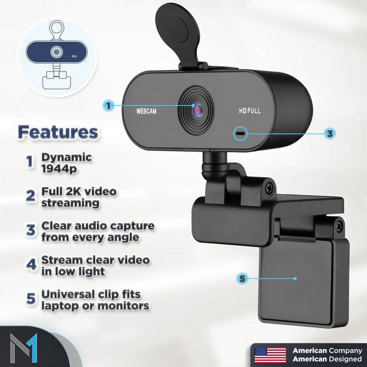 1440P Webcam Full HD Web Camera W/ Privacy Cover & Built-In Microphone, 15Fps, USB 2.0, 75° View Streaming Cam by -Usa