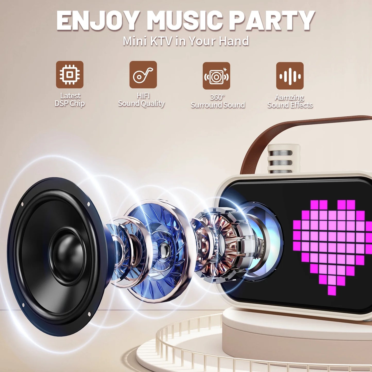 Karaoke Machine, Mini Karaoke Machine for Adult, 15 Animation Display Modes, 4 Funny Magic Voice, Beige