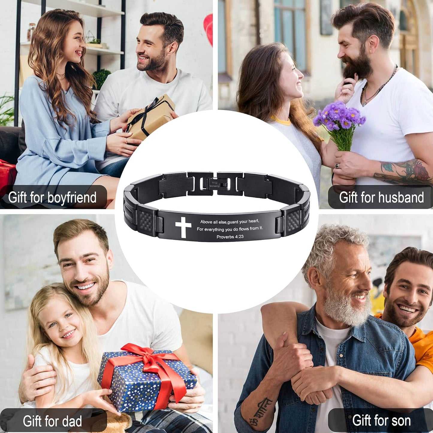 Stainless Steel Religous Scripture Quote Faith Christian Bible Verse Inspirational Cross Carbon Fiber Link Bracelet for Men