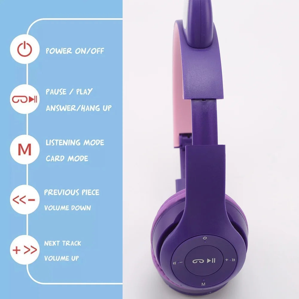 Kids Headphones, Cat Ear Wireless Headphones, LED Light up Bluetooth over on Ear Purple Headphones for Toddler Boy Girl Teen Children with Microphone,Purple