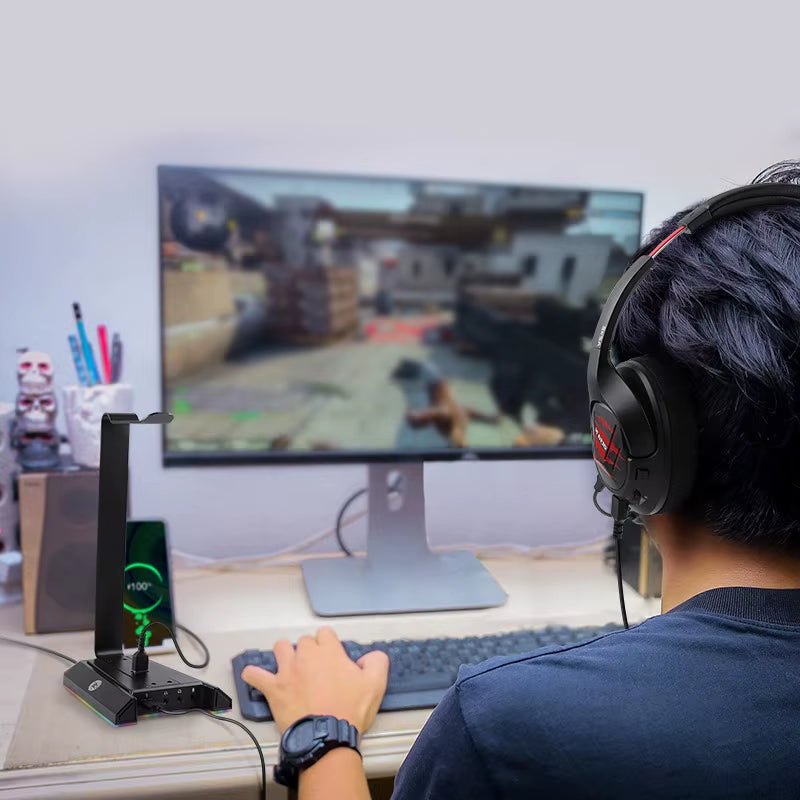 W1 Gaming Headset Stand with 7.1 Surround/2 USB and 3.5Mm Ports RGB Headphones Holder for Gamer Gaming PC Accessories Desk