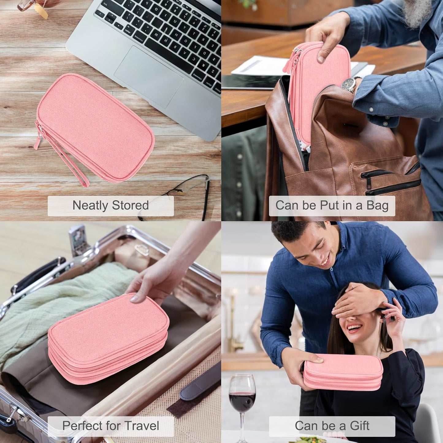 Electronic Organizer, Travel Bag, Pouch, Carry Case Portable Waterproof Double Layers for Cable, Cord, Charger, Phone, Earphone Pink